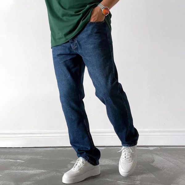 

men's jeans cotton pockets straight polyester men four seasons denim casual solid classic pants basic bottom full length, Blue