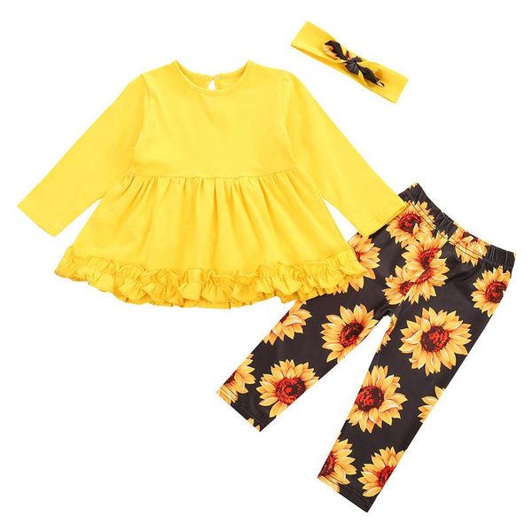 

baby girl fall clothes, cute long sleeve ruffle trim + sunflower print pants + headband 3pcs outfits set, White