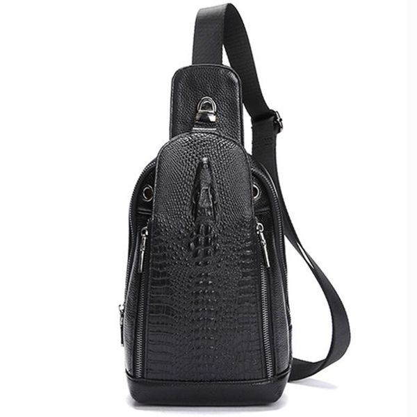 

backpack men natural skin chest shoulder bag crocodile pattern style vintage black genuine leather single rucksack