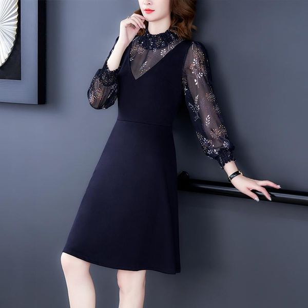 

casual dresses women's autumn dress spring 2022 office lady french style vintage three quarter sleeve print o-neck dark blue, Black;gray