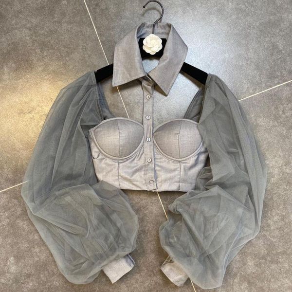 

deat 2021 new summer fashion casual long sleeve turn down collar long sleeve backless solid lace puff sleeve shirt women sd679, White