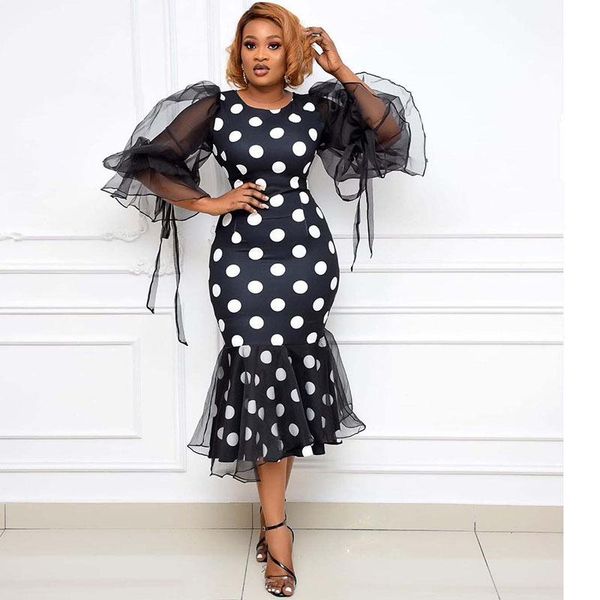 

casual dresses womne black dress dot print spliced mesh middle length elegant party robes ladies 2021 summer fashion mermaid vestidos, Black;gray