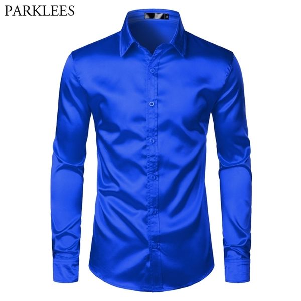 Royal Blue Silk Silk Satin рубашка мужчины роскошный бренд Slim Fit Mens Press S свадьбу повседневная мужская техника 210809