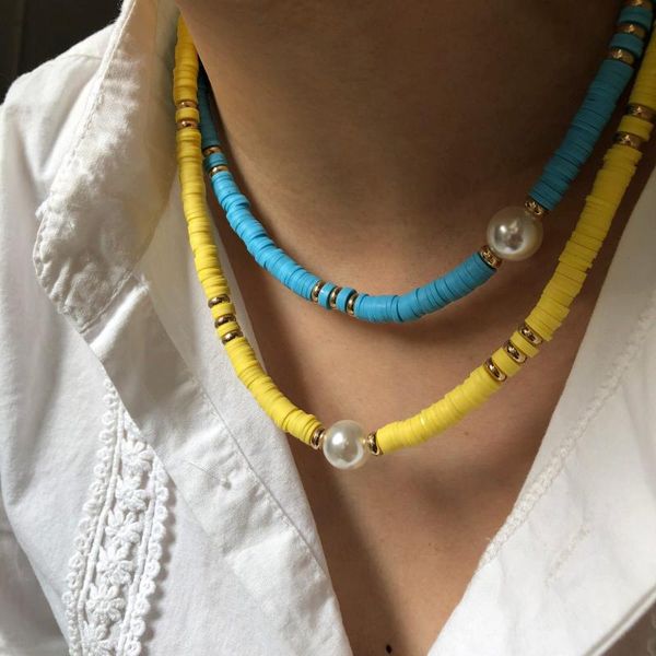 

chokers beach style pearl necklace female bohemian mix and match color two-piece combination soft pottery clavicle chain, Golden;silver