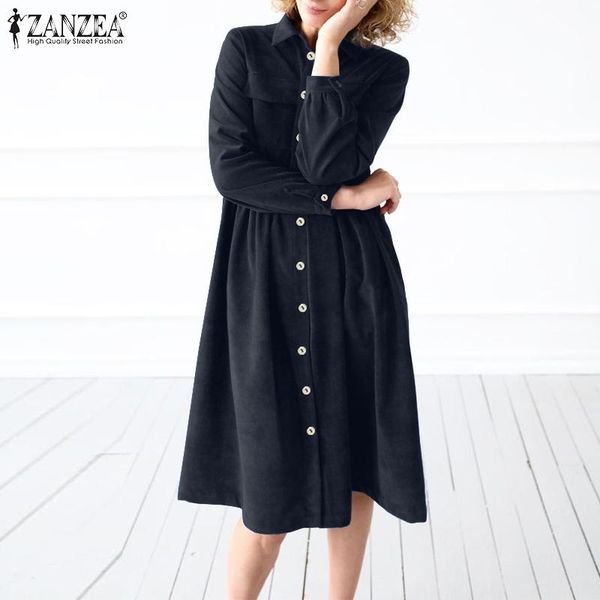 

casual dresses vintage autumn corduroy sundress zanzea women lapel neck long sleeve dress elegant button down female solid midi vestido7, Black;gray