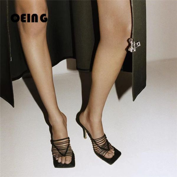

2021 summer women elastic slide heeled mules square toe stretch woven sandals runway brand design party dress shoes mujer, Black