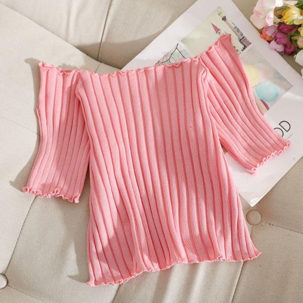 

heliar 2021 y2k flunce hem women off shoulder knitted short sleeve ribbed crop going out slim casual crop, White
