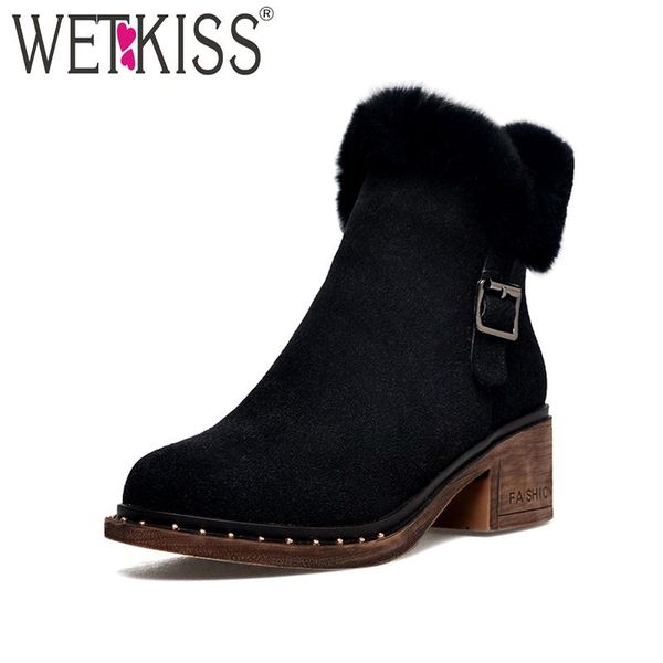 

boots wetkiss super keep warm winter bootie black plush ankle thick heel snow shoes belt buckle casual faux fur