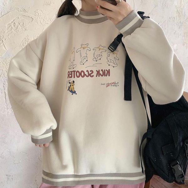 

women's hoodies & sweatshirts cotton pullover cute printing half high neck design dweater for women 2021 autumn thin section hoodless k, Black