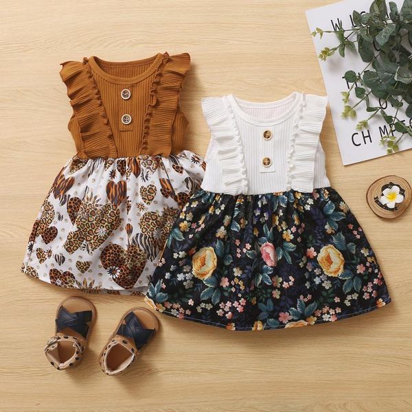 

kids dresses for girls 2021 summer sleeveless ruffles floral printed dress button girl casual wear toddler kid girl clothing, Red;yellow