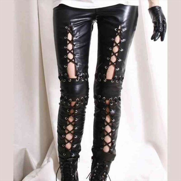

woman black faux leather gothic punk pants wetlook bandage leggings