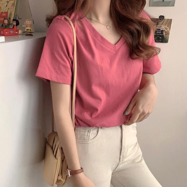 

women's t-shirt summer loose short sleeves v-neck half sleeve bottoming shirt top, White