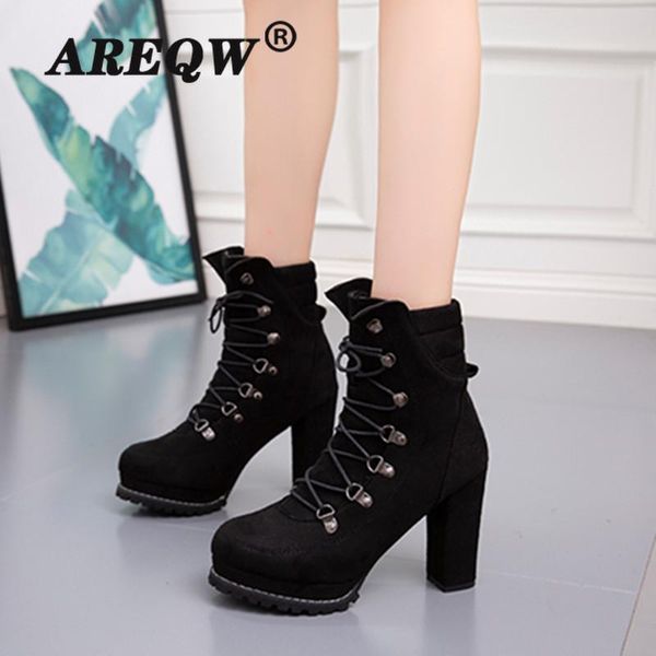 

boots 2022 genuine lace up women winter platform chunky heel botas mujer, Black