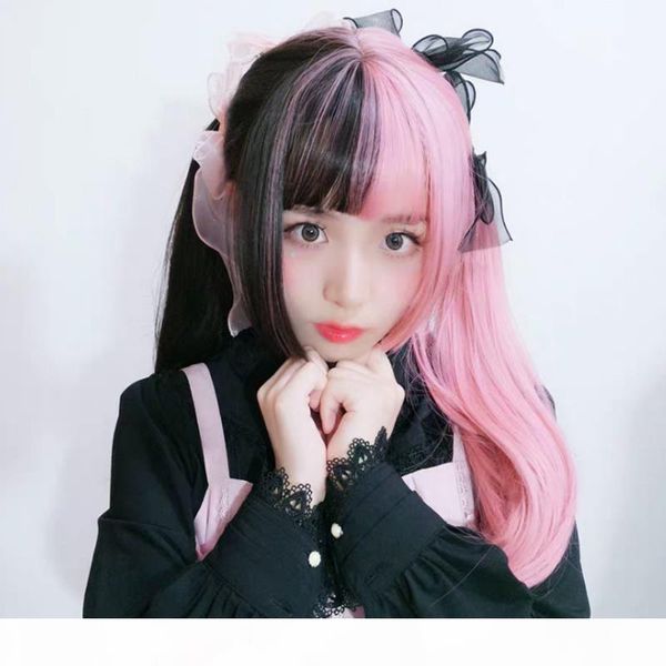 

wig girl air qi liu hai black powder two-color long straight hair princess cut ji hair style chemical fiber wig head, Black;brown