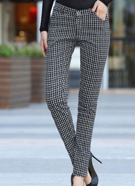 

winter warm thicken fleece women pants casual high waist houndstooth plaid fashion fall office ladies elegant work plus size 3xl, Black;white
