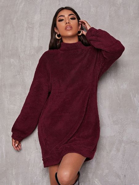 

mock-neck drop shoulder teddy sweatshirt dress c0bt#, White;black