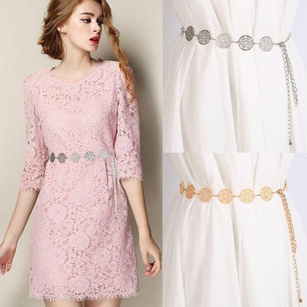 

belts 2021 adjustable fashion women metal chain retro belt high waist hip coin charms waistband body, Black;brown