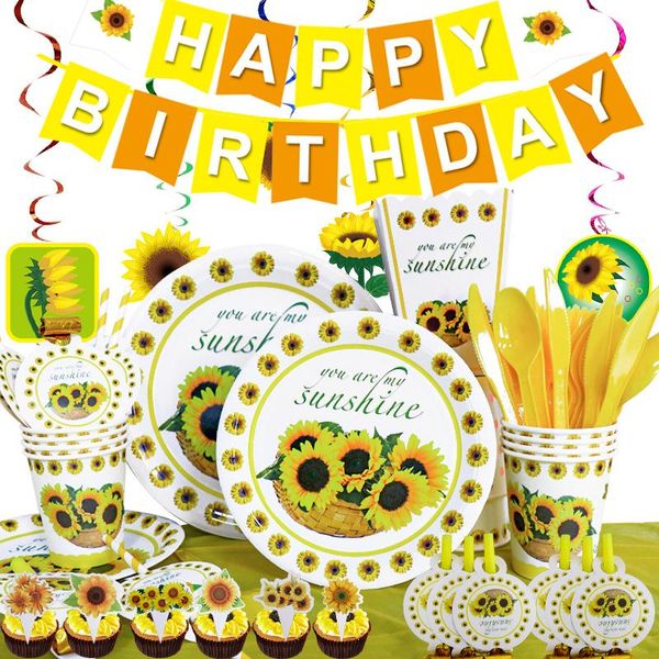 Loude de jantar descartável You Are My Sunshine Theme Birthday Party Decoration Sunflower Tableware Lugares de tabela de copo Cup Plate Straw Napkin Cake Topper