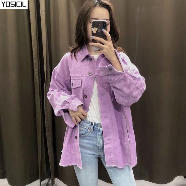

yosicil fashion women solid corduroy jackets coats 2021 loose turn down collar shirt jacket female long sleeve pockets outerwear, Black;brown