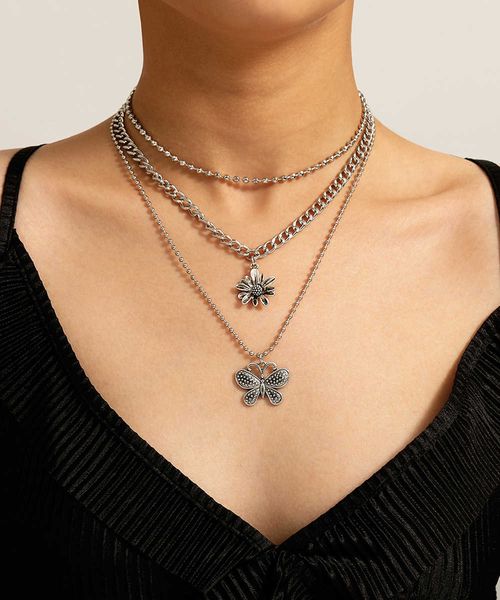

jewelry creative butterfly cold style for women simple three dimensional daisy multi layer necklace, Silver