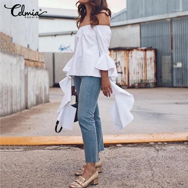 

celmia summer white ruffles women off shoulder blouses long asymmetric shirts casual loose solid flare sleeve blusas1