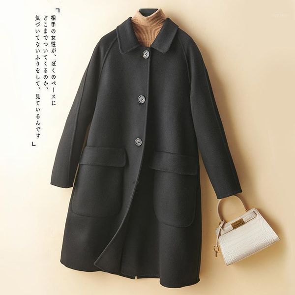 

women's wool & blends warm neon double-sided cashmere coat medium length 2021 autumn winter korean fashion loose cloak, Black