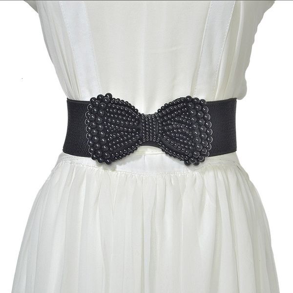 

women's elastic wide belt pearl waist cover versatile wide pearl bow brown belt, Black;brown