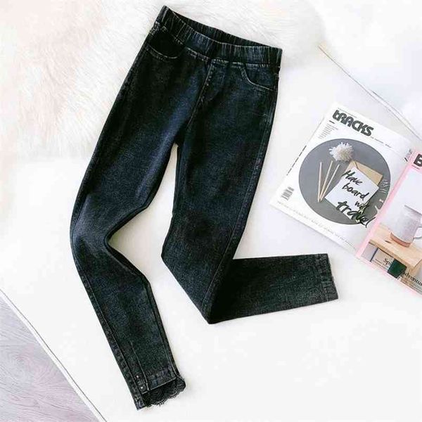 

autumn women tight-fitting high-waist stretch lace outer wear foot pants vintage black denim pencil 210527, Black;white