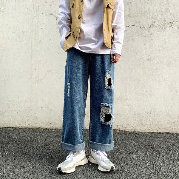 

dark blue ripped jeans for men 2021 spring summer streetwear fashion trousers mens hole denim baggy pants wide leg pant -5xl