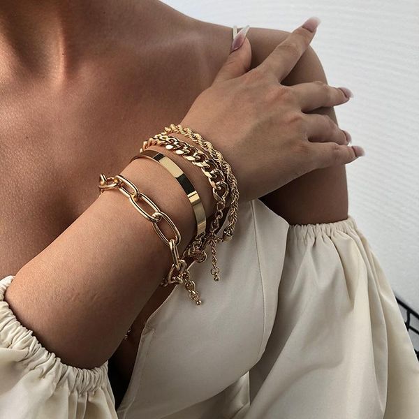

beaded, strands est punk curb chain bracelets gift for women multi-layer boho thick gold color charm bangles fashion jewelry, Black