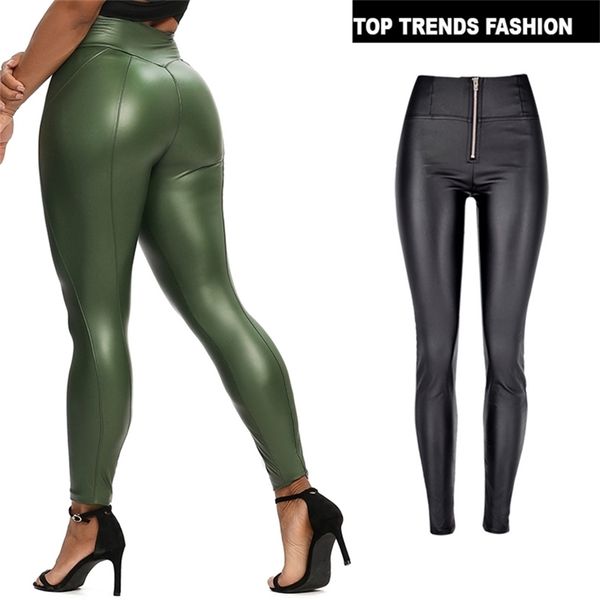 Hohe Taille Reißverschluss Pu Leggings für Frauen Schwarz Sh Up Leggins Dame Sexy Booty Stretch Slim Sport Hosen Leder Legging Weiblich 211204