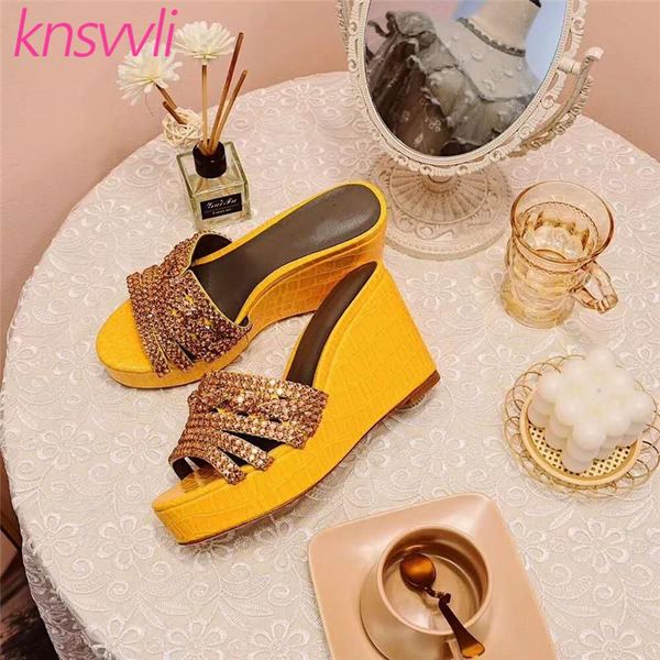 

slippers rhinestone women crystal chain gladiator sandals designer glitter mules wedge heel party shoes woman, Black