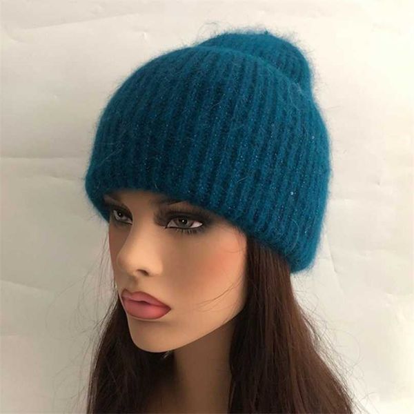 

casual winter hat solid rabbit fur beanies hats for women spring fashion wool warm skullies caps men 211119, Blue;gray