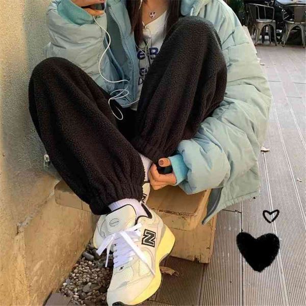 

autumn winter faux fleece fur jogger harem pants women solid color lamb wool sweatpants lady velvet trouser loose bf warm, Black;white