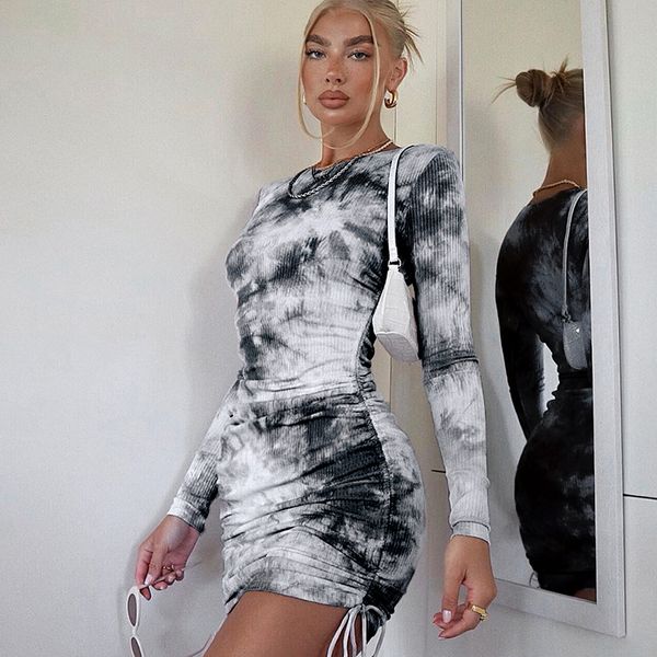 

knit women dress vintage y2k aesthetics mini dress long sleeve drawstring summer 2021 dresses 90s o-neck clubwear, Black;gray