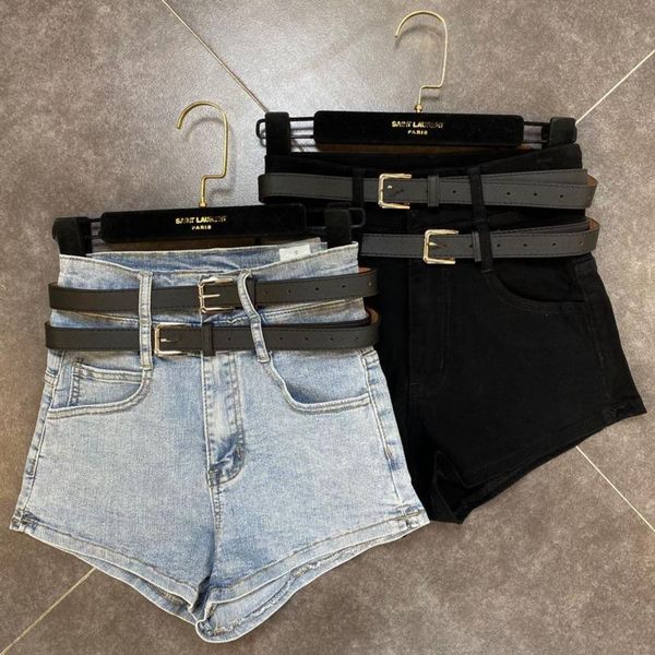 

women's jeans 2021 summer fashion streetwear patchwork solid double-layer belt slim high waist denim shorts women k102, Blue