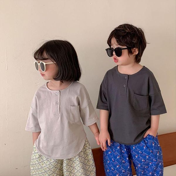 

summer kids t shirt solid o neck cotton short sleeve casual children outwears, Blue