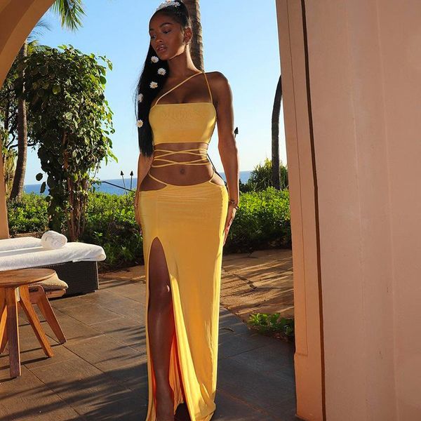 

casual dresses 2021 summer two piece set women high split maxi skirt with halter party vacation outfits suit, Black;gray