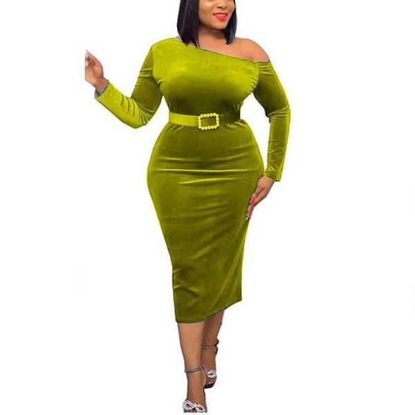 

casual dresses women bodycon velvet dress one shoulder solid high waisted mid calf fashion elegant evening night party vestidos mujer, Black;gray