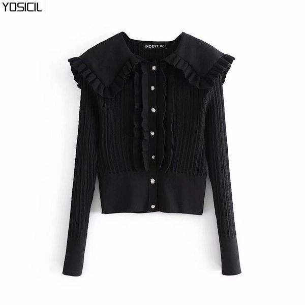 

yosicil stylish black sweater women beading buttons cardigan short sweater long sleeve chic lady knitted elegant jumper, White