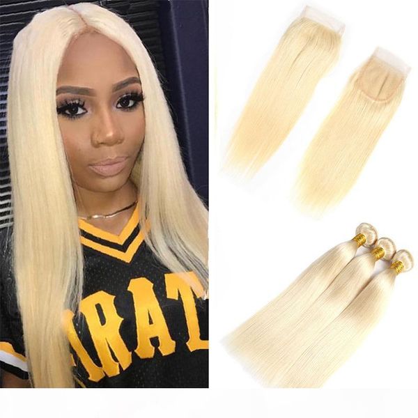 

brazilian honey blonde straight hair bundles with lace closure colored 613 platinum blonde human hair weaves with 4x4 full lace closures, Black