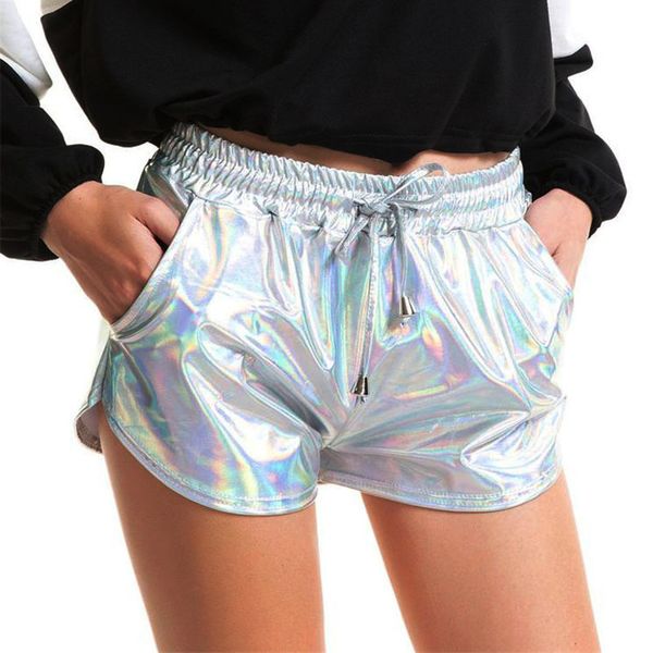

women shiny metallic shorts summer holographic wet look casual elastic drawstring festival rave booty shorts 210305, White;black
