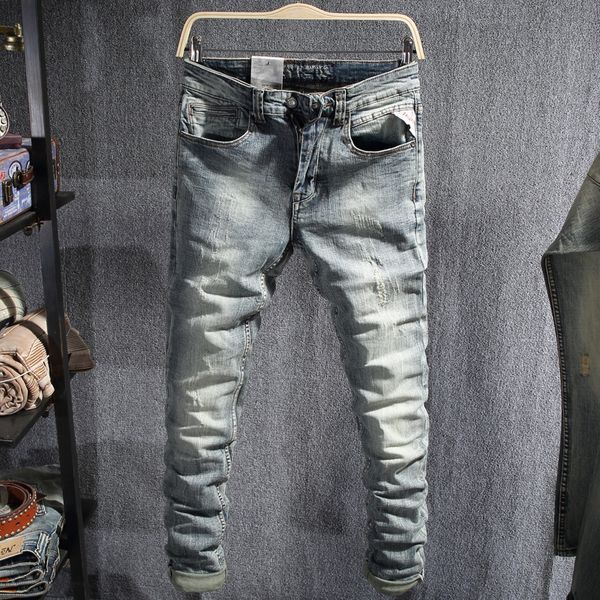 

2021 new italian style fashion light blue slim fit elastic ripped men vintage designer pants streetwear hip hop jeans s98t