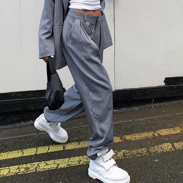 

casual loose suit pants women striped high waist straight pants capris long solid streetwear trousers ladies summer, Black;white