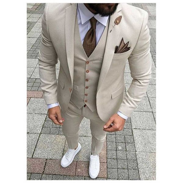 Son Ceket Pantolon Tasarımları Bej Erkekler Suit Balo Smokin Slim Fit Erkekler Için 3 Parça Damat Düğün Takımları Özel Blazer Terno Masuclino X0909