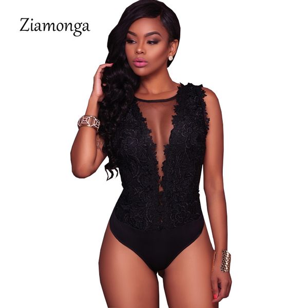 Ziamonga S-XXL Sexy Black Lace Bodysuit Mulheres Malha Jumpsuits Romper Backless Bordado Senhoras Corpo Dentelle Shorts Playsuits 210303