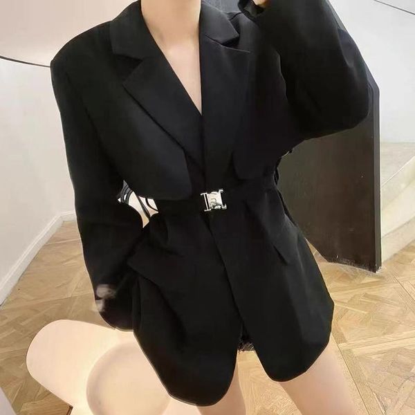 

women's trench coats korean chic women autumn lapel design feeling one grain buckle waist thin long sleeve suit coat, Tan;black
