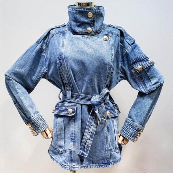 

women's jackets retro denim jacket women spring autumn gold button long sleeve loose casual feamle coat belt, Black;brown