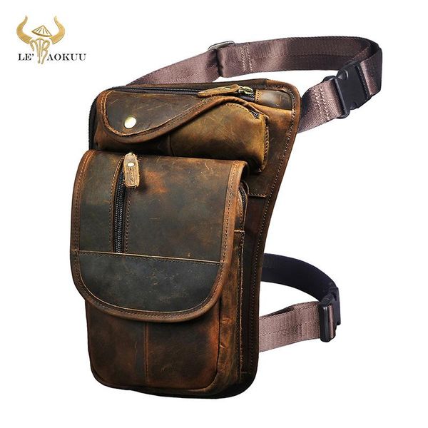 

waist bags crazy horse leather men design vintage messenger tablet sling bag multi-function travel fanny belt pack leg male 3112