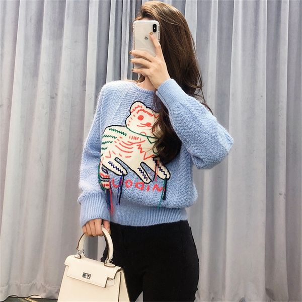 

cute age reduction fall / winter 2021 new hand embroidered kitty pattern star same wool knitted sweaterli, White;black